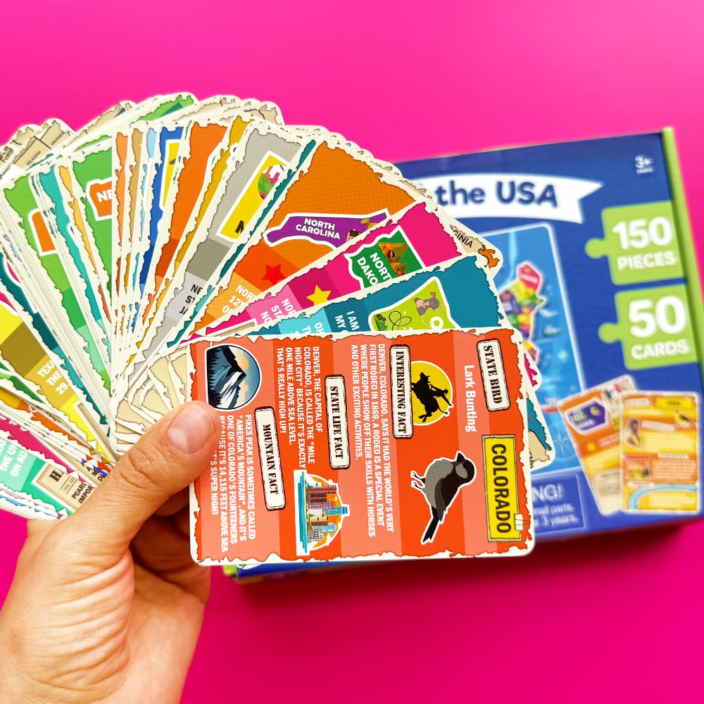 QUOKKA 150-Piece USA Map Puzzle + 50 Double-Sided Flashcards for Kids 6–10 | Educational Jigsaw & Facts Cards Gift