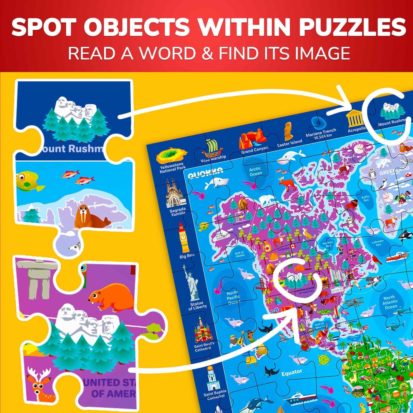 QUOKKA 100-Piece Puzzles for Kids (4-6) – 3-Puzzle Set: World Map, USA Map & Solar System | Educational Floor Puzzles by QUOKKA