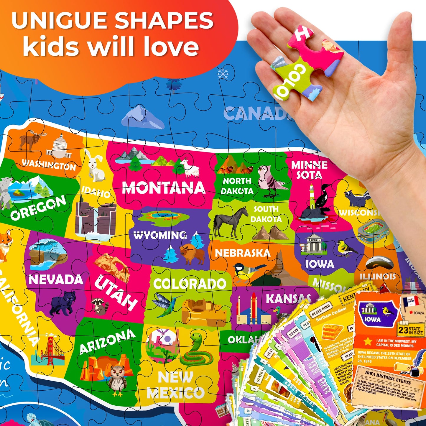 QUOKKA 150-Piece USA Map Puzzle + 50 Double-Sided Flashcards for Kids 6–10 | Educational Jigsaw & Facts Cards Gift