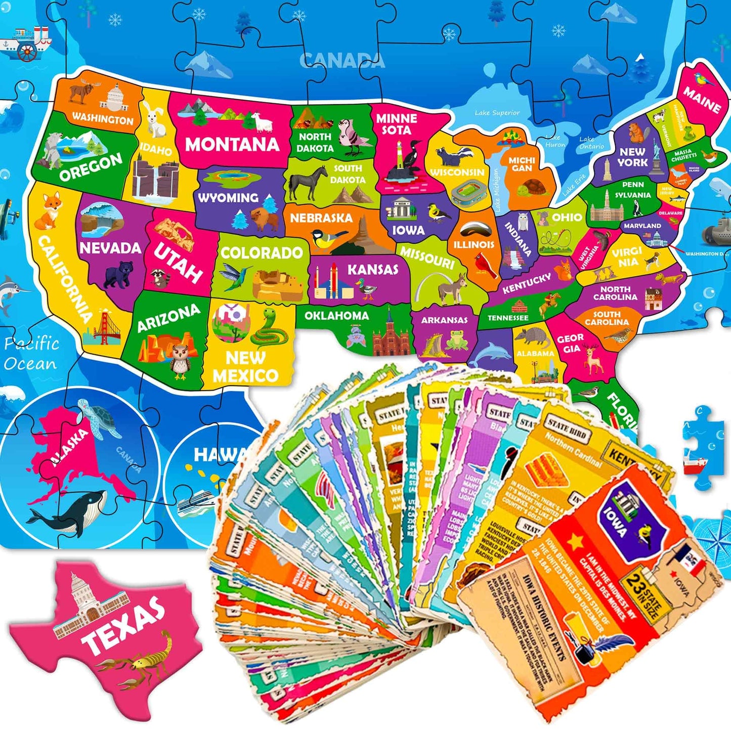 QUOKKA US Map Puzzle – 70 Pieces + 50 Flashcards for Kids 4–6