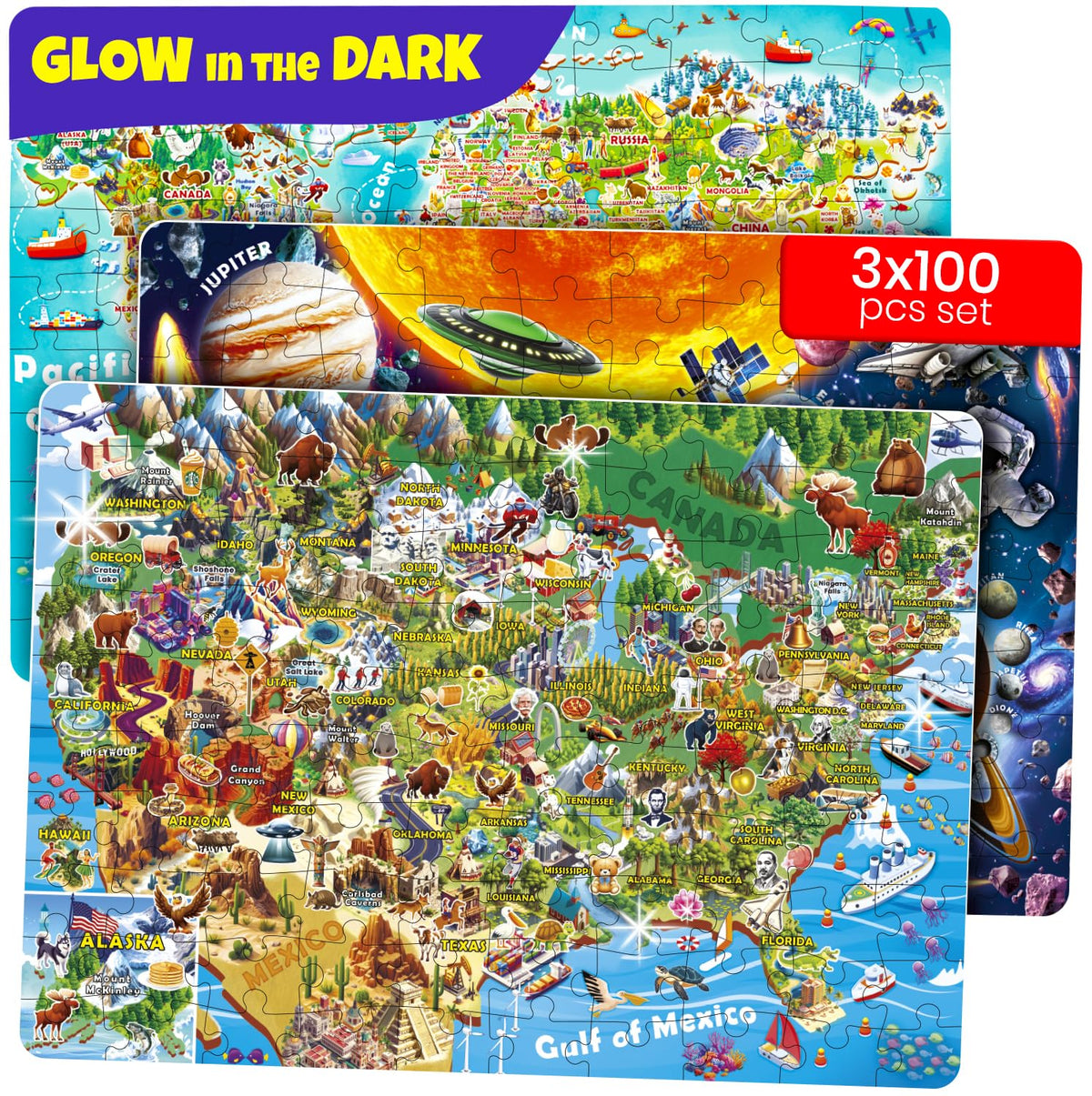 QUOKKA 100 Puzzles for Kids 4-6 & 5-8: Glow-in-the-Dark USA Map, World Map & Solar System Floor Puzzles