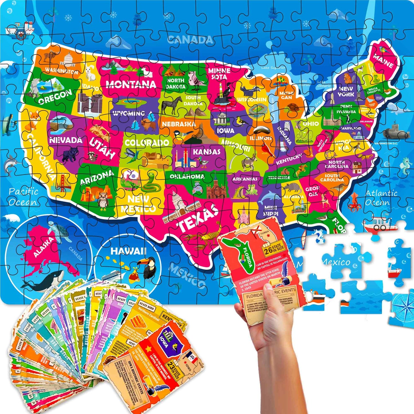 QUOKKA 150-Piece USA Map Puzzle + 50 Double-Sided Flashcards for Kids 6–10 | Educational Jigsaw & Facts Cards Gift