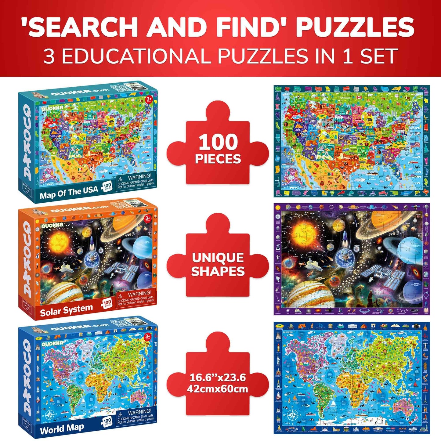 QUOKKA 100-Piece Puzzles for Kids (4-6) – 3-Puzzle Set: World Map, USA Map & Solar System | Educational Floor Puzzles by QUOKKA