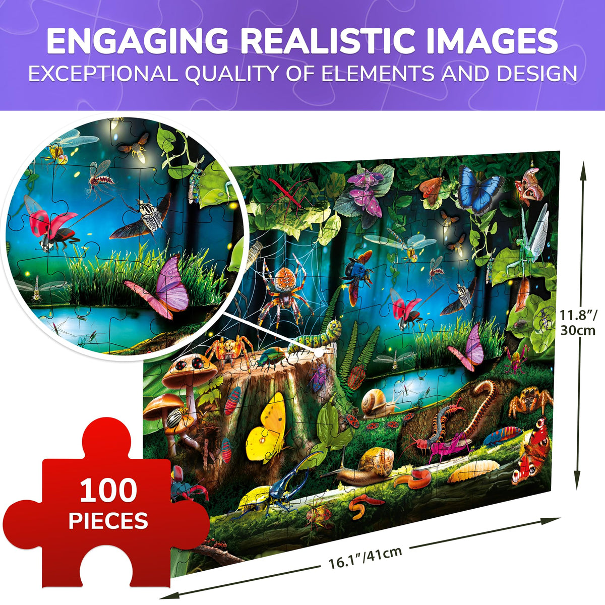 QUOKKA 100 Piece Puzzle for Kids 4-8 – Bugs & Forest Animals Floor Puzzle Set