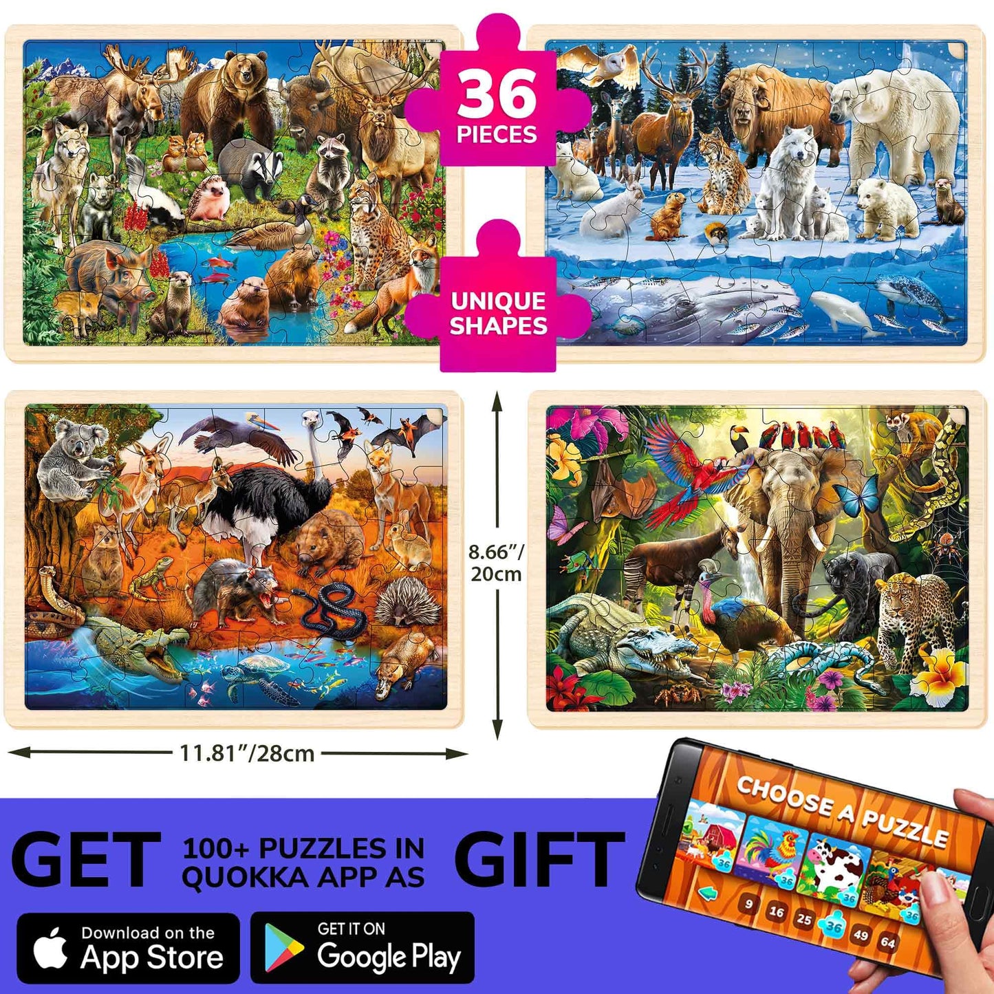 QUOKKA 4-Set Puzzles – 36-Piece Wooden Montessori Animal Puzzles for Ages 3-8
