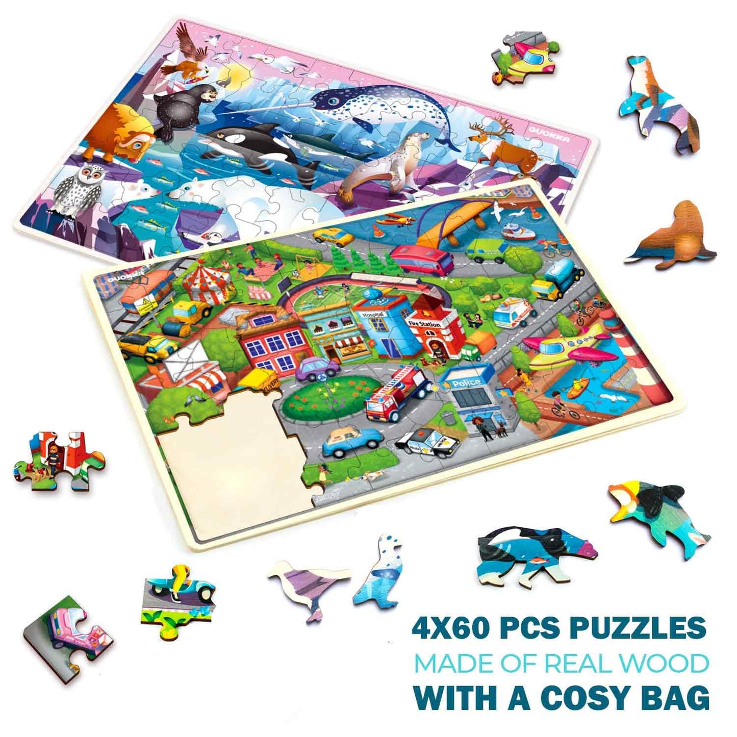 QUOKKA Wooden Puzzles for Kids 4-6 – 4 x 60-Piece Puzzles (Animals, Dinosaurs, City)