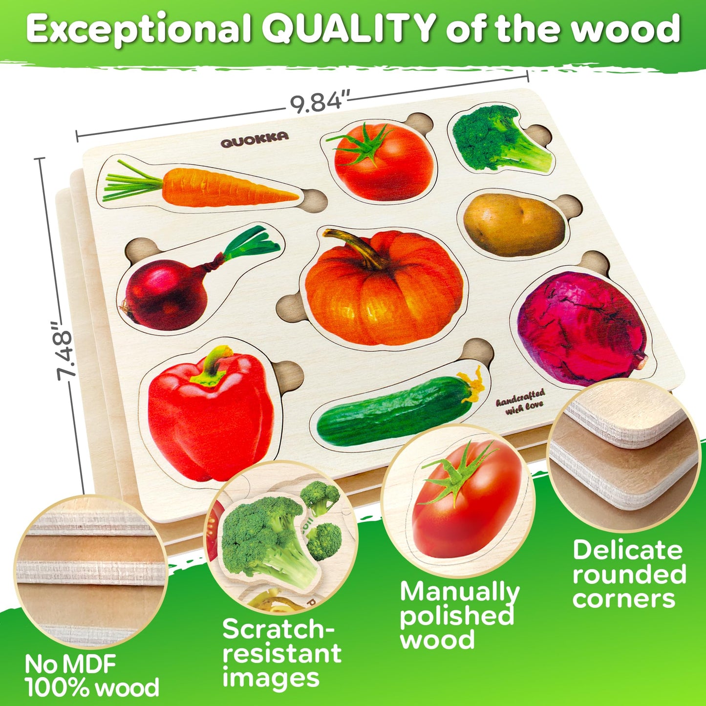 QUOKKA Wooden Puzzles for Toddlers – 3xSET Montessori Realistic Fruits, Cars & Vegetables