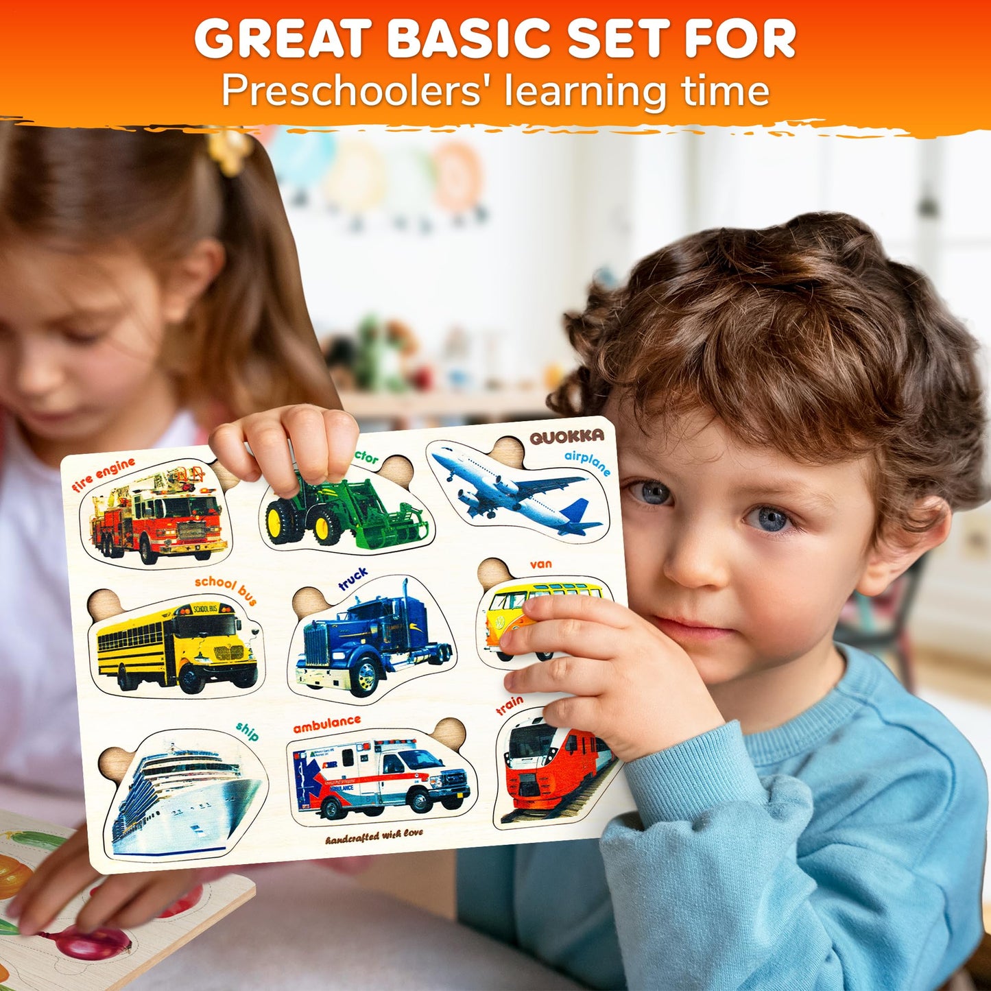 QUOKKA Wooden Puzzles for Toddlers – 3xSET Montessori Realistic Fruits, Cars & Vegetables