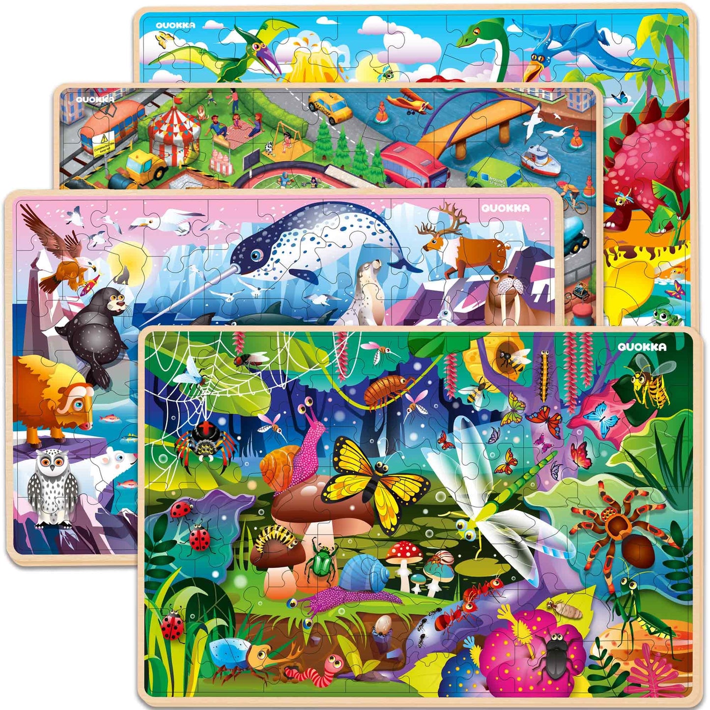 QUOKKA Wooden Puzzles for Kids 4-6 – 4 x 60-Piece Puzzles (Animals, Dinosaurs, City)