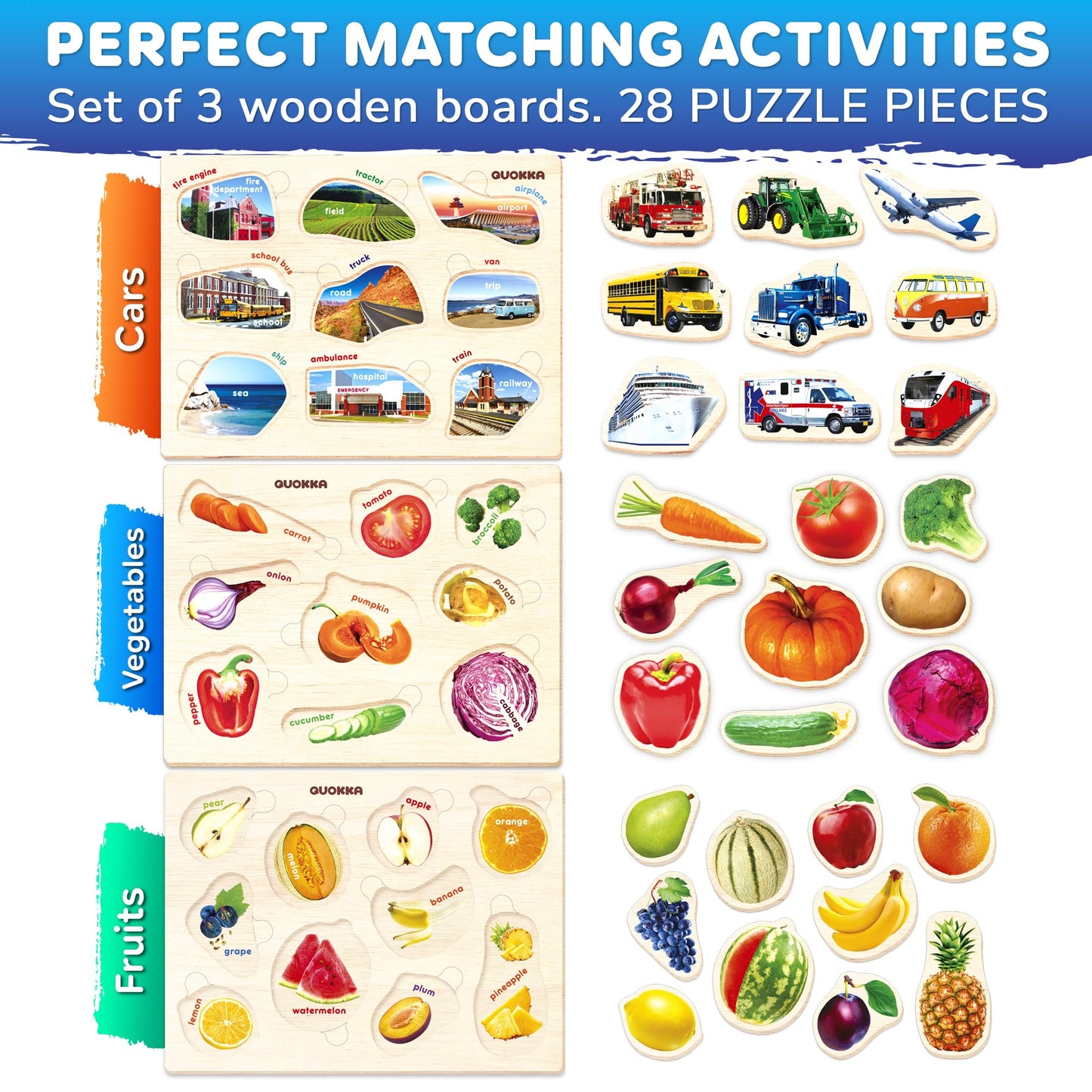 QUOKKA Wooden Puzzles for Toddlers – 3xSET Montessori Realistic Fruits, Cars & Vegetables