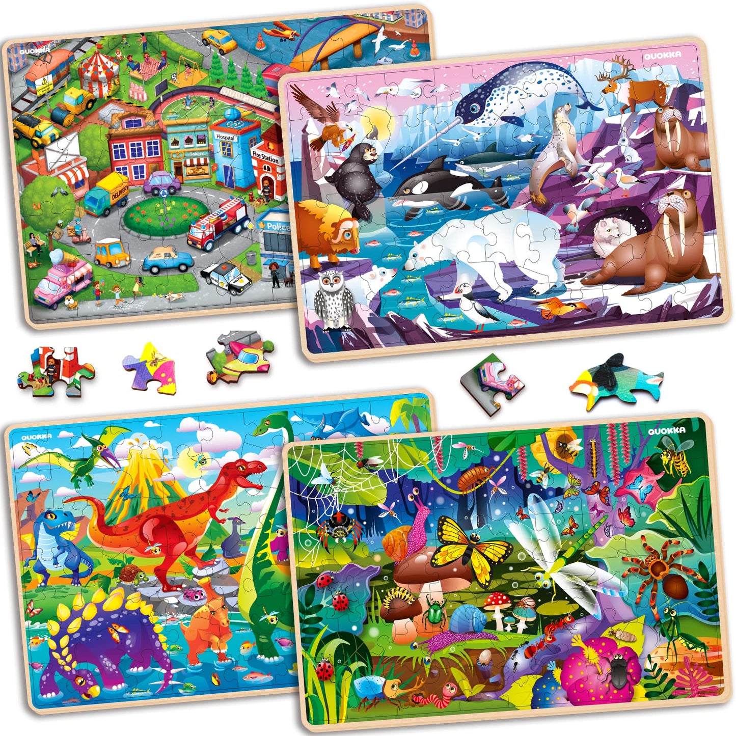 QUOKKA Wooden Puzzles for Kids 4-6 – 4 x 60-Piece Puzzles (Animals, Dinosaurs, City)