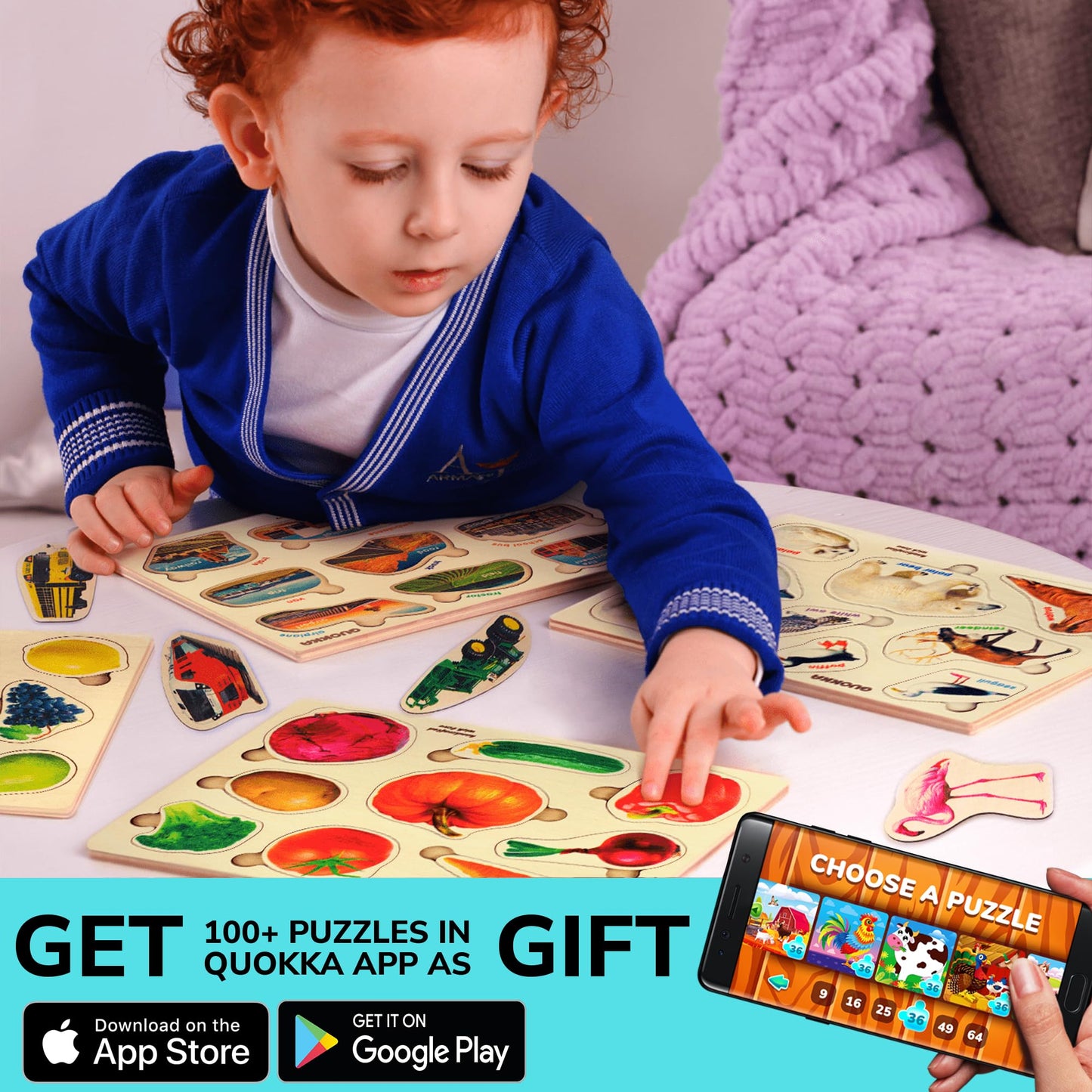 QUOKKA Wooden Puzzles for Toddlers – 3xSET Montessori Realistic Fruits, Cars & Vegetables