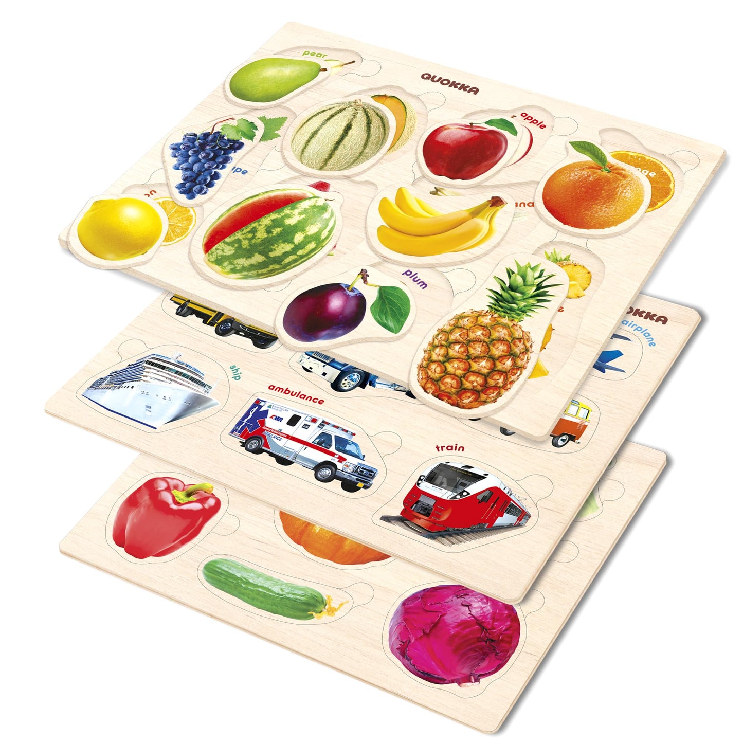QUOKKA Wooden Puzzles for Toddlers – 3xSET Montessori Realistic Fruits, Cars & Vegetables