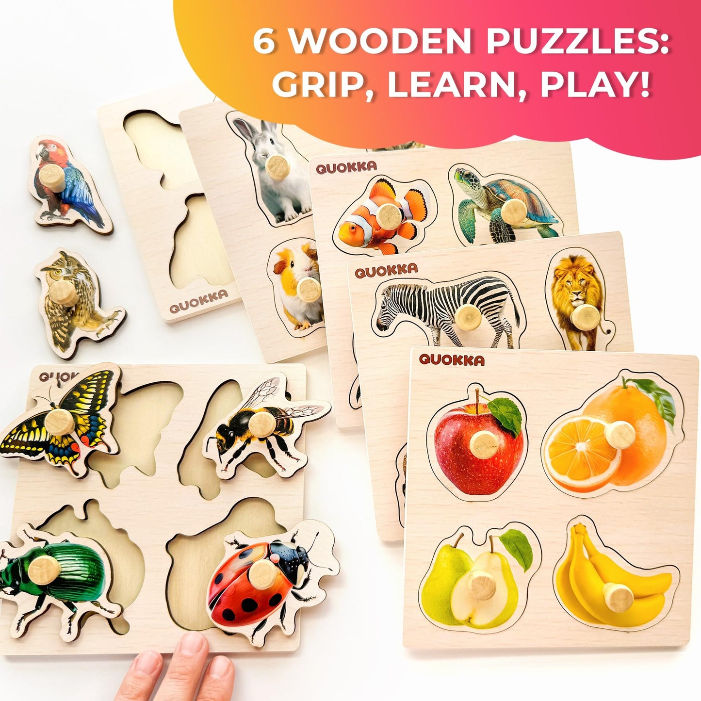QUOKKA Wooden Puzzles for Toddlers 1-3 | 6-Pegged Animal & Fruit Learning Toy