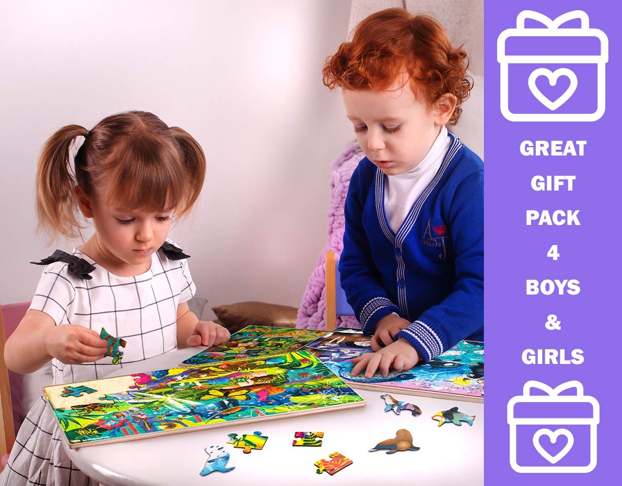 QUOKKA Wooden Puzzles for Kids 4-6 – 4 x 60-Piece Puzzles (Animals, Dinosaurs, City)