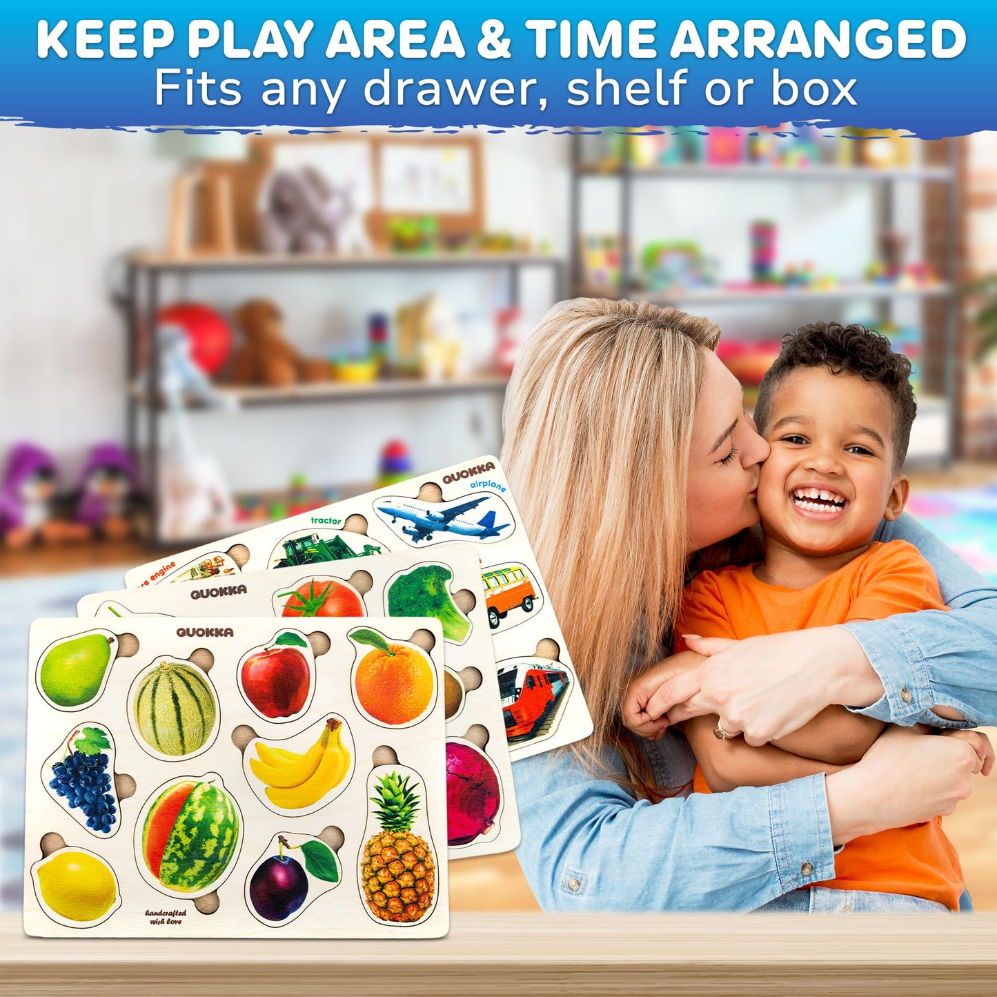QUOKKA Wooden Puzzles for Toddlers – 3xSET Montessori Realistic Fruits, Cars & Vegetables