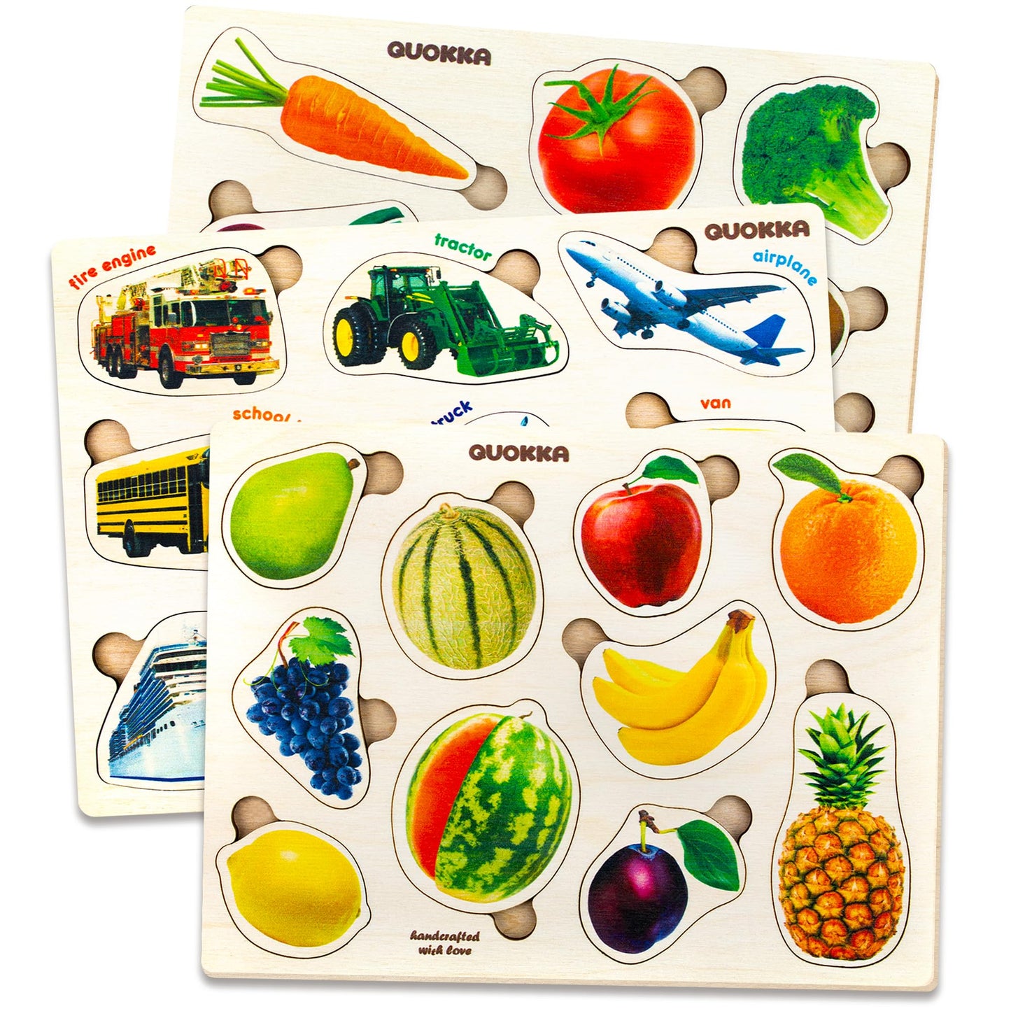 QUOKKA Wooden Puzzles for Toddlers – 3xSET Montessori Realistic Fruits, Cars & Vegetables