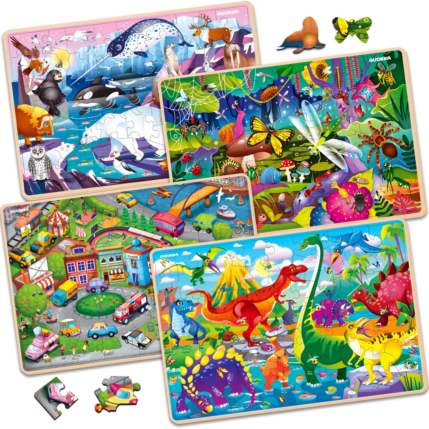 QUOKKA Wooden Puzzles for Kids 4-6 – 4 x 60-Piece Puzzles (Animals, Dinosaurs, City)