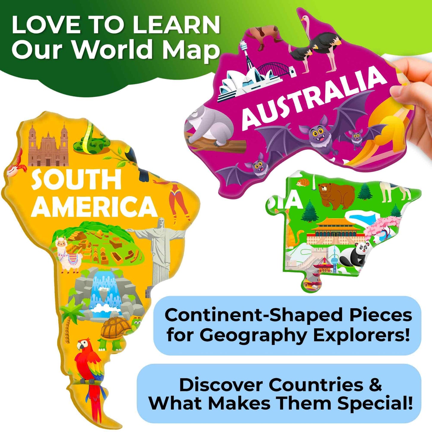 QUOKKA World Map Floor Puzzle for Kids 4-6 — 70 Pieces + 50 World Facts Cards — Continent-Shaped Gift