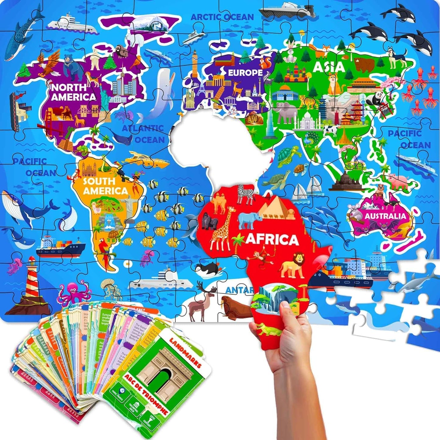 QUOKKA World Map Floor Puzzle for Kids 4-6 — 70 Pieces + 50 World Facts Cards — Continent-Shaped Gift