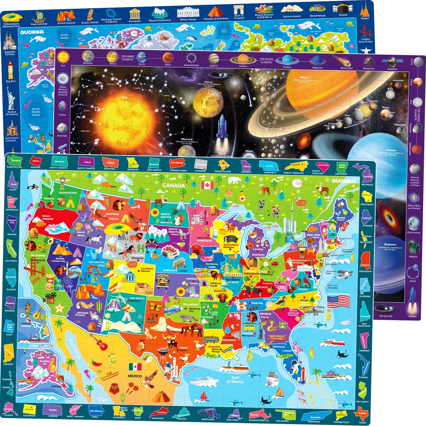 QUOKKA 100-Piece Puzzles for Kids (4-6) – 3-Puzzle Set: World Map, USA Map & Solar System | Educational Floor Puzzles by QUOKKA