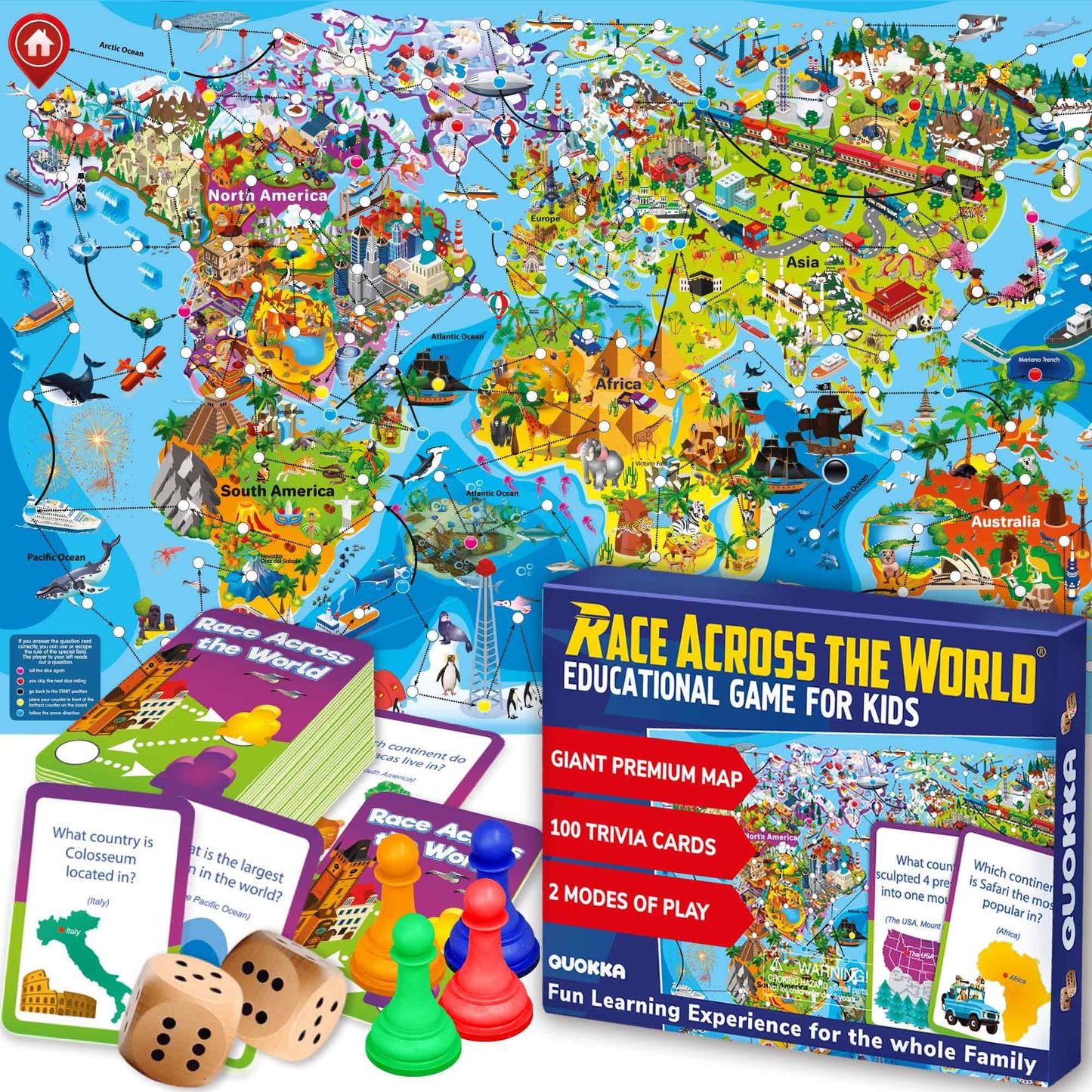 QUOKKA World Race Board Game - Geography & Culture for Ages 6-12 and Family Fun