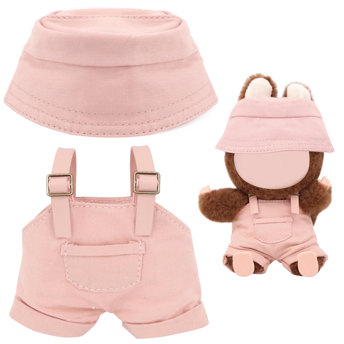 QUPIVA 15-17cm Doll Clothes Set with Adjustable Straps & Cute Hat – Pink Summer Overalls for 17cm Doll