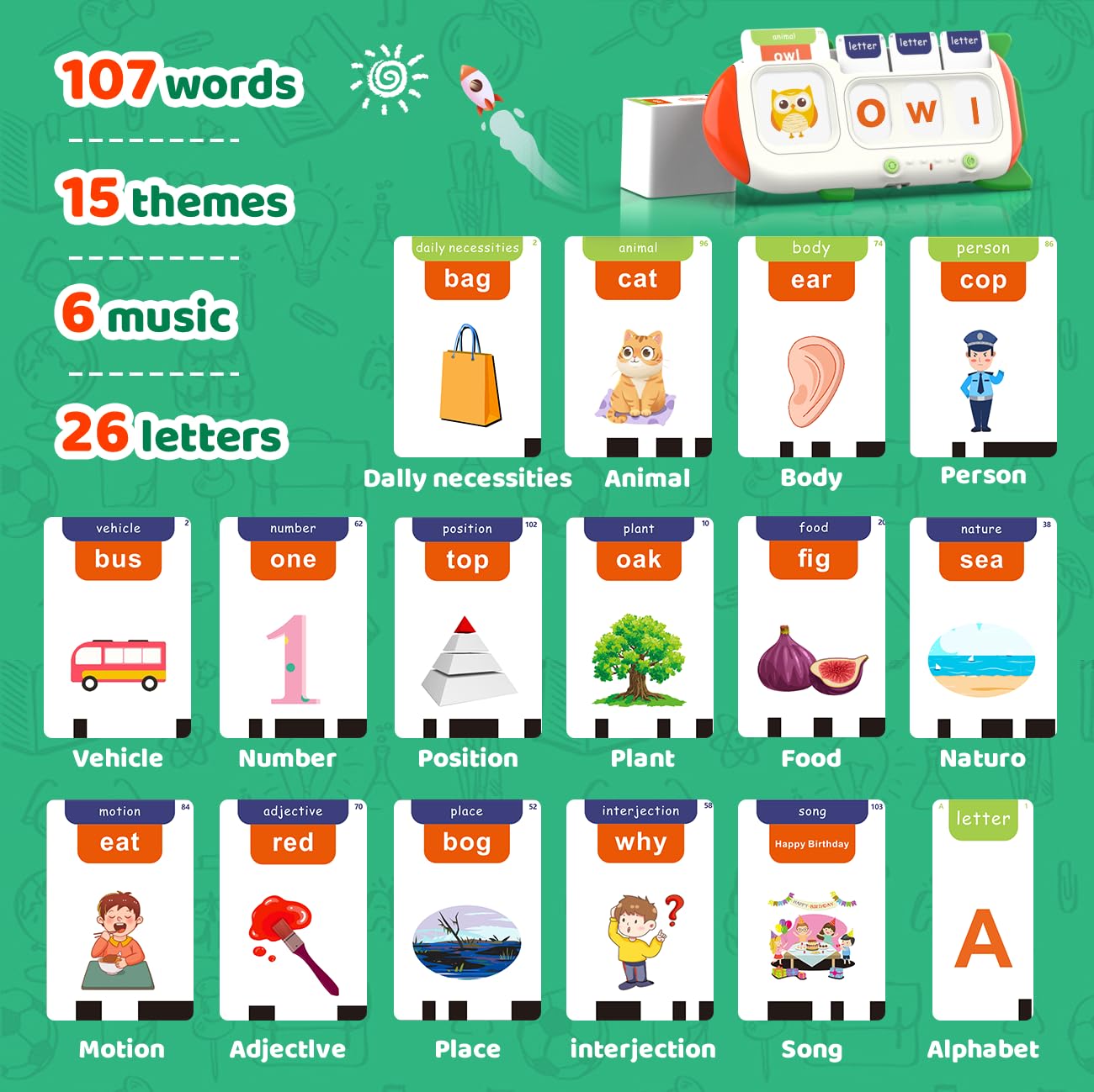 QuTZ Talking Flash Cards – CVC Word Spelling Games for Preschoolers | 107 Words, 15 Themes