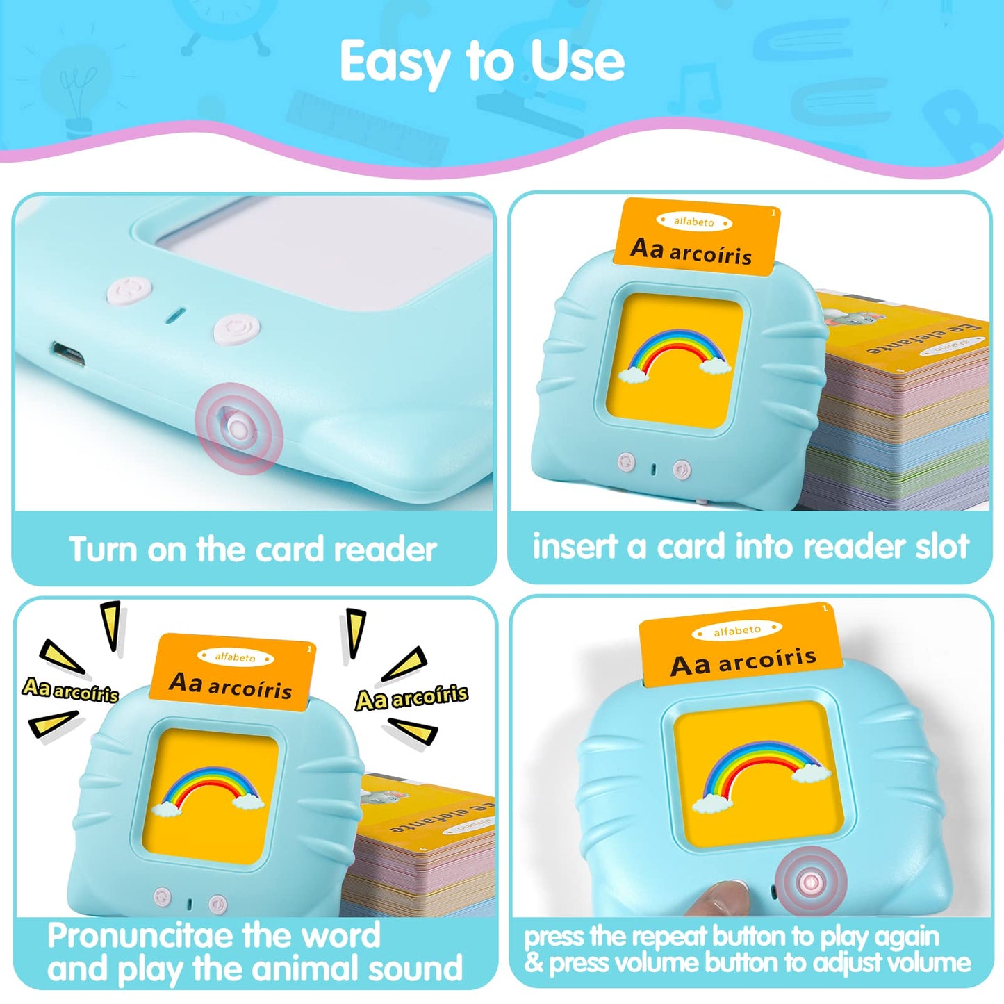 QuTZ ABC Learning Flash Cards for Toddlers (2-4) - Bilingual Spanish/English, 275 Words, 14 Themes