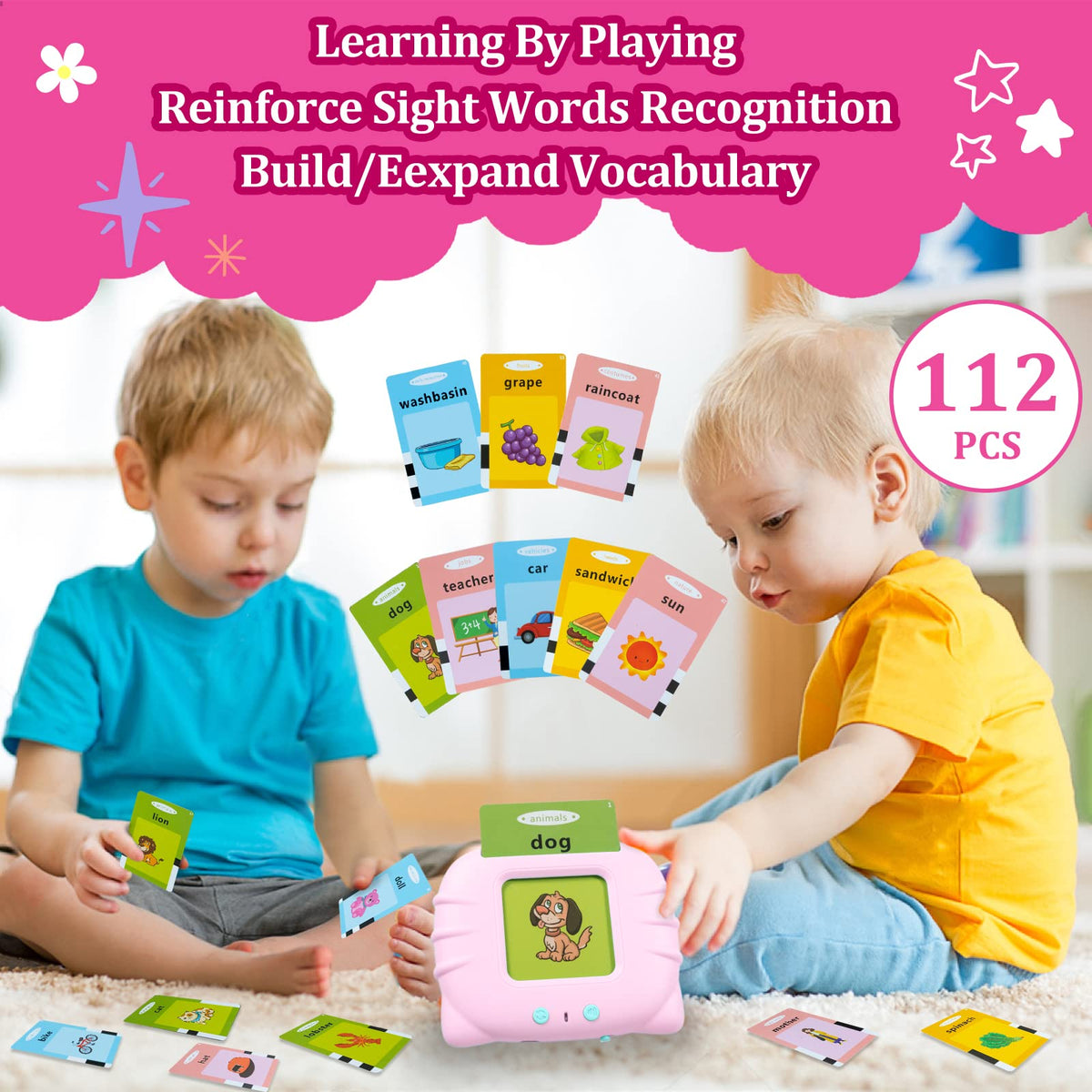 QuTZ ABC Learning Flash Cards for Toddlers 2-4 | 248 Talking Cards (Pink)