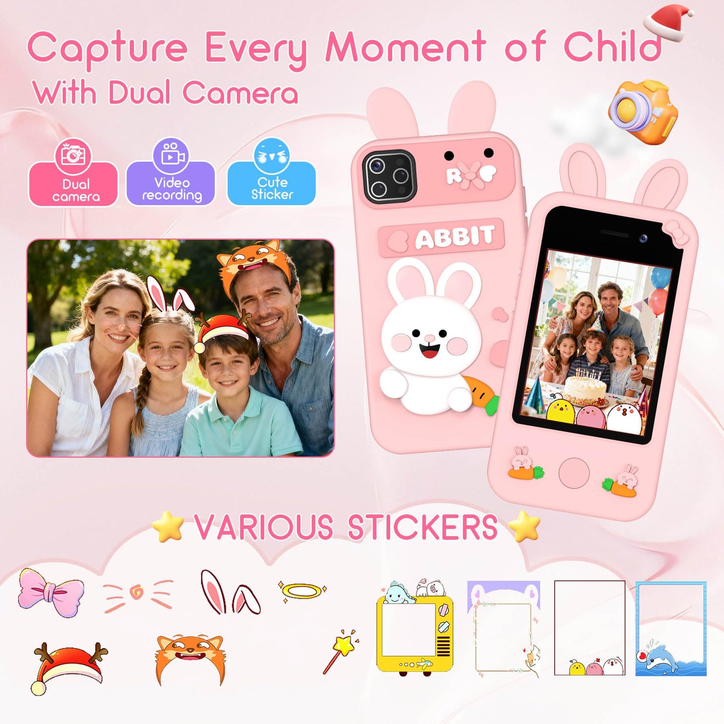 Qvireno Kids Smart Phone Toy – 2.8-inch Touchscreen, Dual Cameras, 20 Puzzle Games, MP3 Recorder, 3–10 yrs