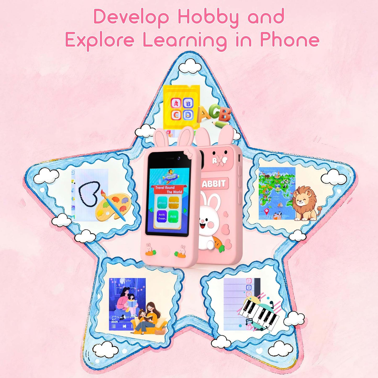 Qvireno Kids Smart Phone Toy – 2.8-inch Touchscreen, Dual Cameras, 20 Puzzle Games, MP3 Recorder, 3–10 yrs