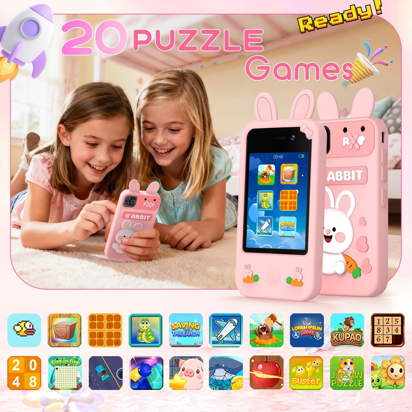 Qvireno Kids Smart Phone Toy – 2.8-inch Touchscreen, Dual Cameras, 20 Puzzle Games, MP3 Recorder, 3–10 yrs