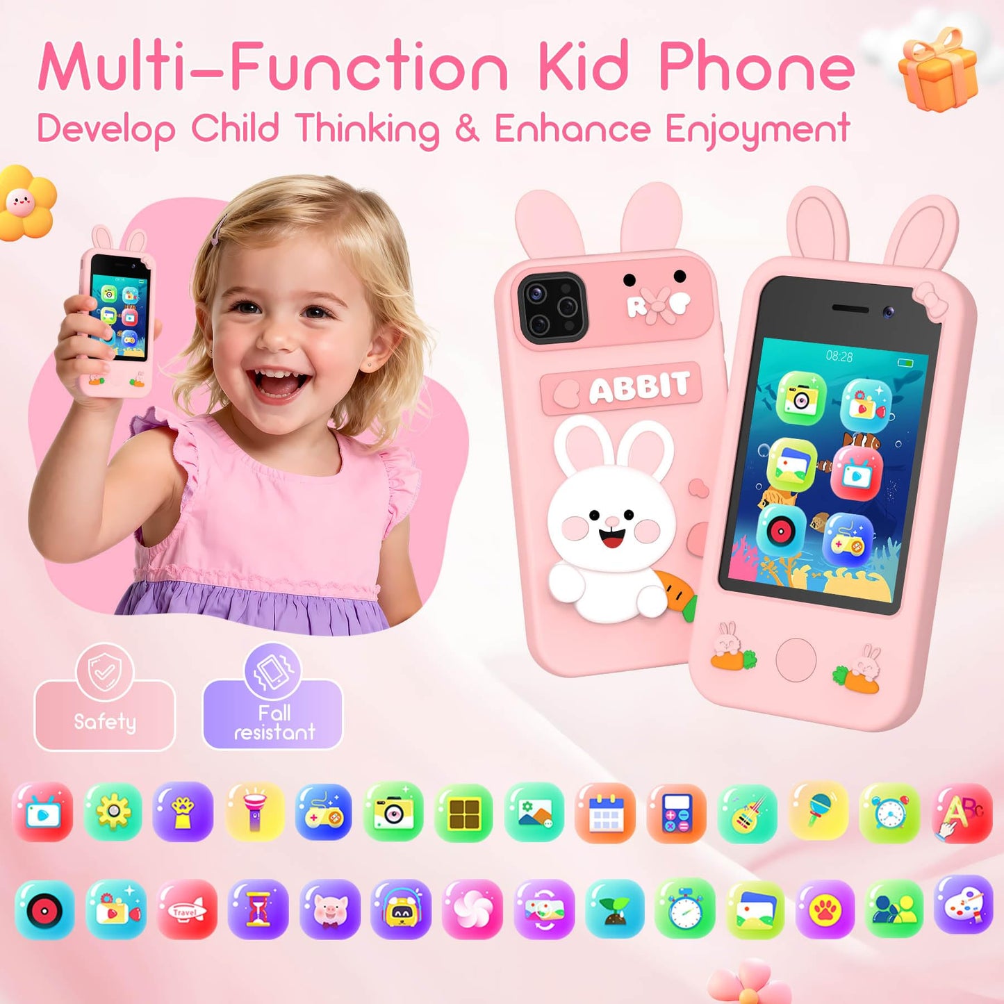 Qvireno Kids Smart Phone Toy – 2.8-inch Touchscreen, Dual Cameras, 20 Puzzle Games, MP3 Recorder, 3–10 yrs