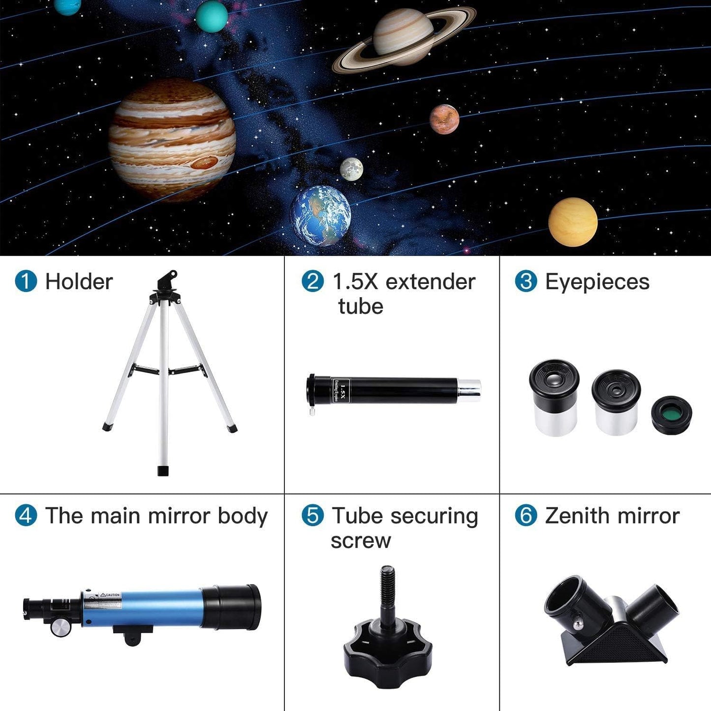 QW Telescope for Beginners and Kids – 50mm Refractor, Portable 90X Magnification, Tripod, 2 Eyepieces + 1.5X Barlow Lens