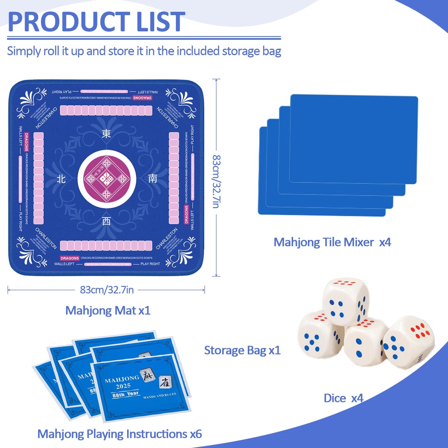 Qwiayeal Mahjong Mat 33x33" Non-Slip Silent Travel Set with 6 Instructions, Tile Mixer, Dice & Carrying Bag – Blue-1
