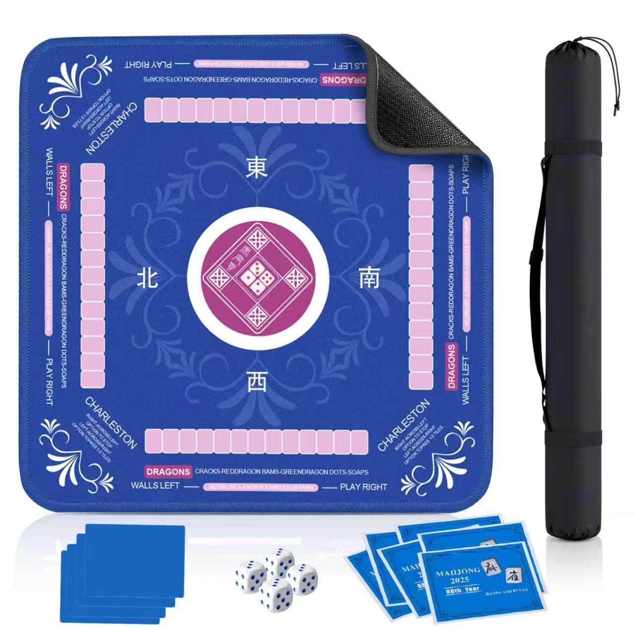 Qwiayeal Mahjong Mat 33x33" Non-Slip Silent Travel Set with 6 Instructions, Tile Mixer, Dice & Carrying Bag – Blue-1