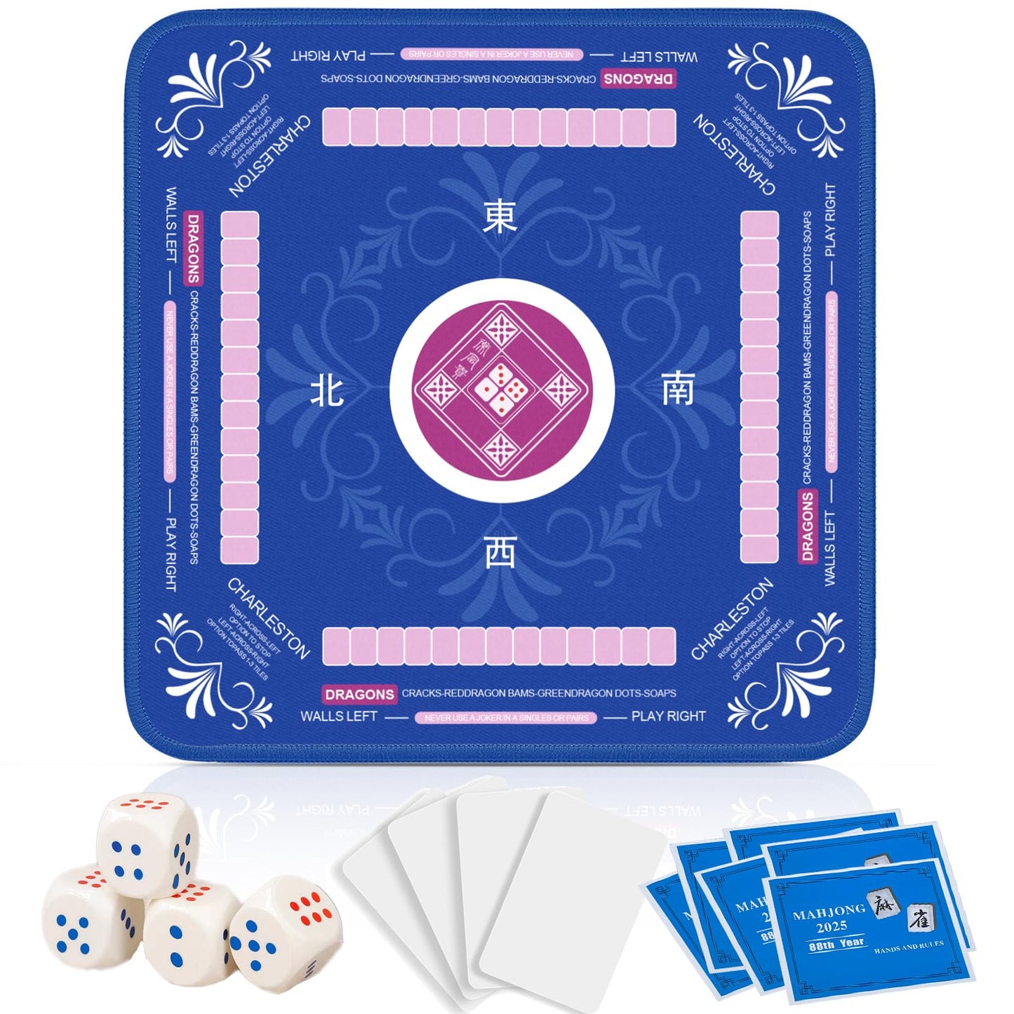 Qwiayeal Mahjong Mat with Rules for Table – 83 x 83 cm, Non-Slip, Silent Travel Set (6 Rules, 4 Dice, 4 Tile Mixers)