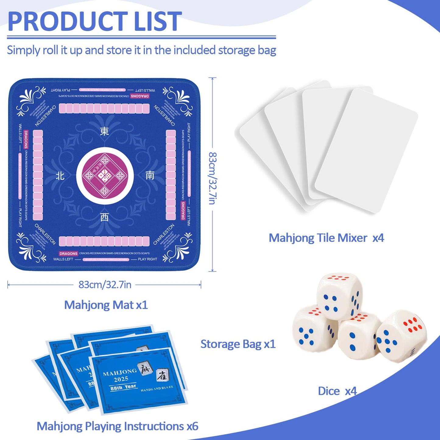 Qwiayeal Mahjong Mat with Rules for Table – 83 x 83 cm, Non-Slip, Silent Travel Set (6 Rules, 4 Dice, 4 Tile Mixers)