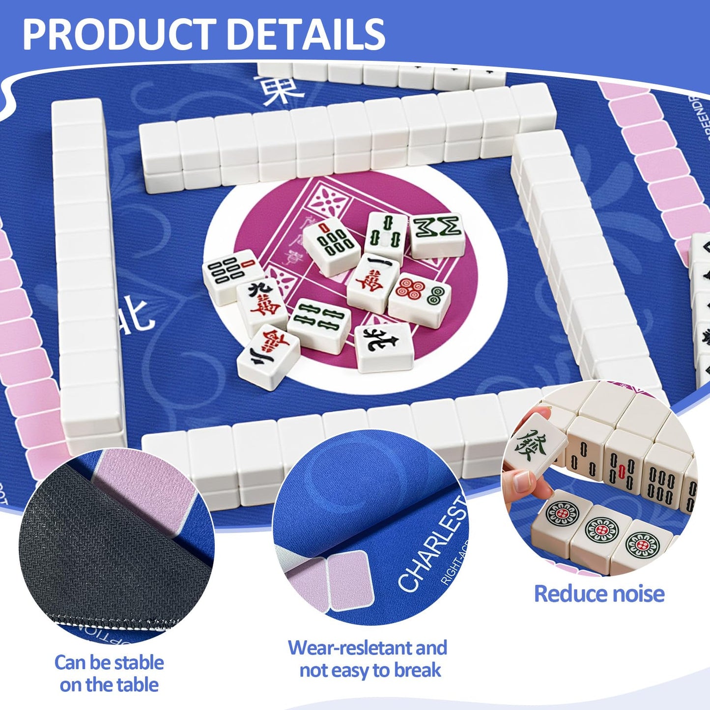 Qwiayeal Mahjong Mat 33x33" Non-Slip Silent Travel Set with 6 Instructions, Tile Mixer, Dice & Carrying Bag – Blue-1
