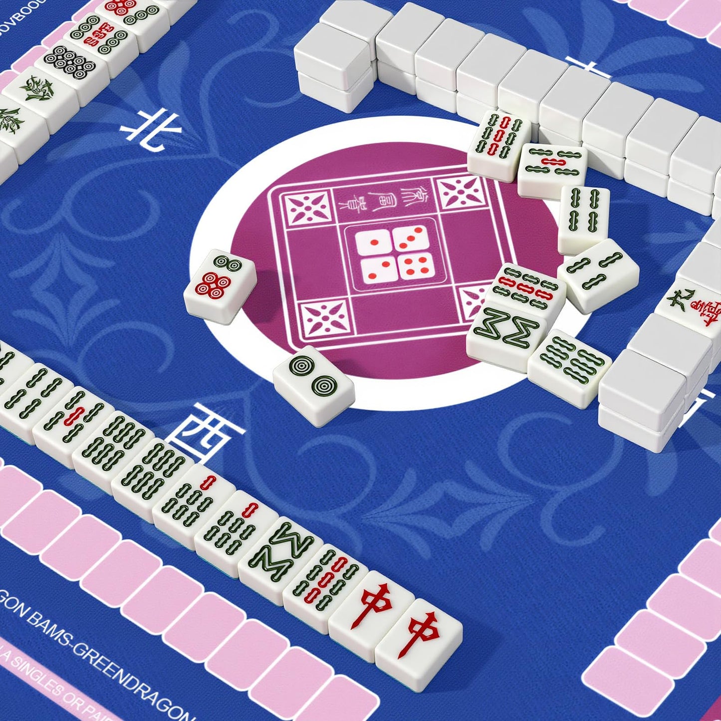 Qwiayeal Mahjong Mat with Rules for Table – 83 x 83 cm, Non-Slip, Silent Travel Set (6 Rules, 4 Dice, 4 Tile Mixers)