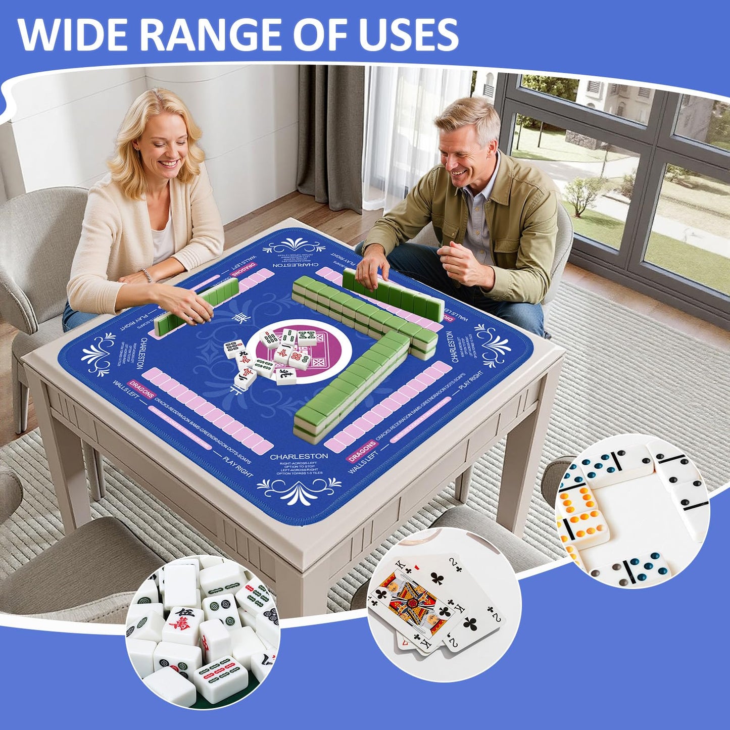 Qwiayeal Mahjong Mat with Rules for Table – 83 x 83 cm, Non-Slip, Silent Travel Set (6 Rules, 4 Dice, 4 Tile Mixers)
