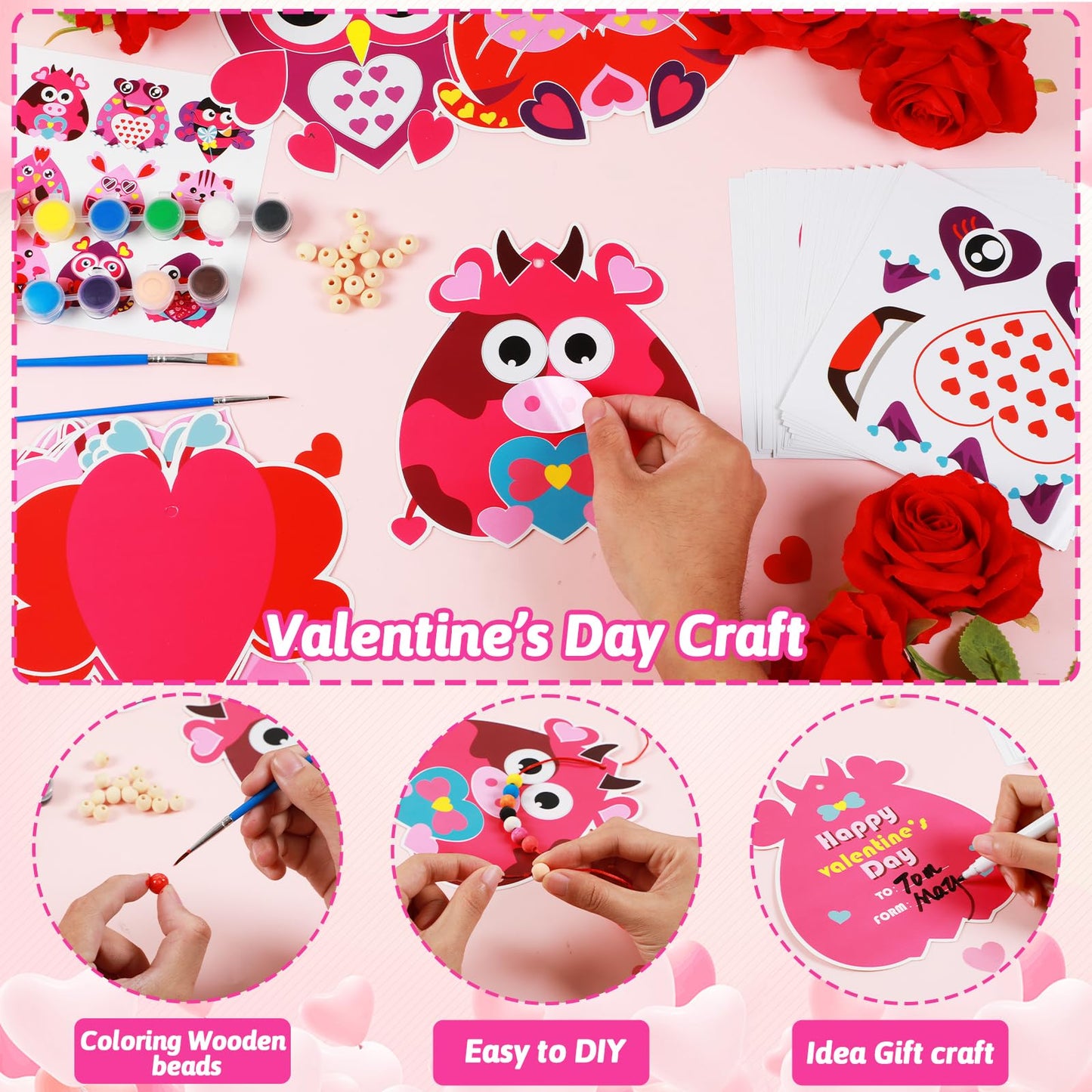 Qyeahkj 36 Sets Valentines Heart Crafts Kit for Kids — DIY Necklaces, Ornaments & Classroom Activities