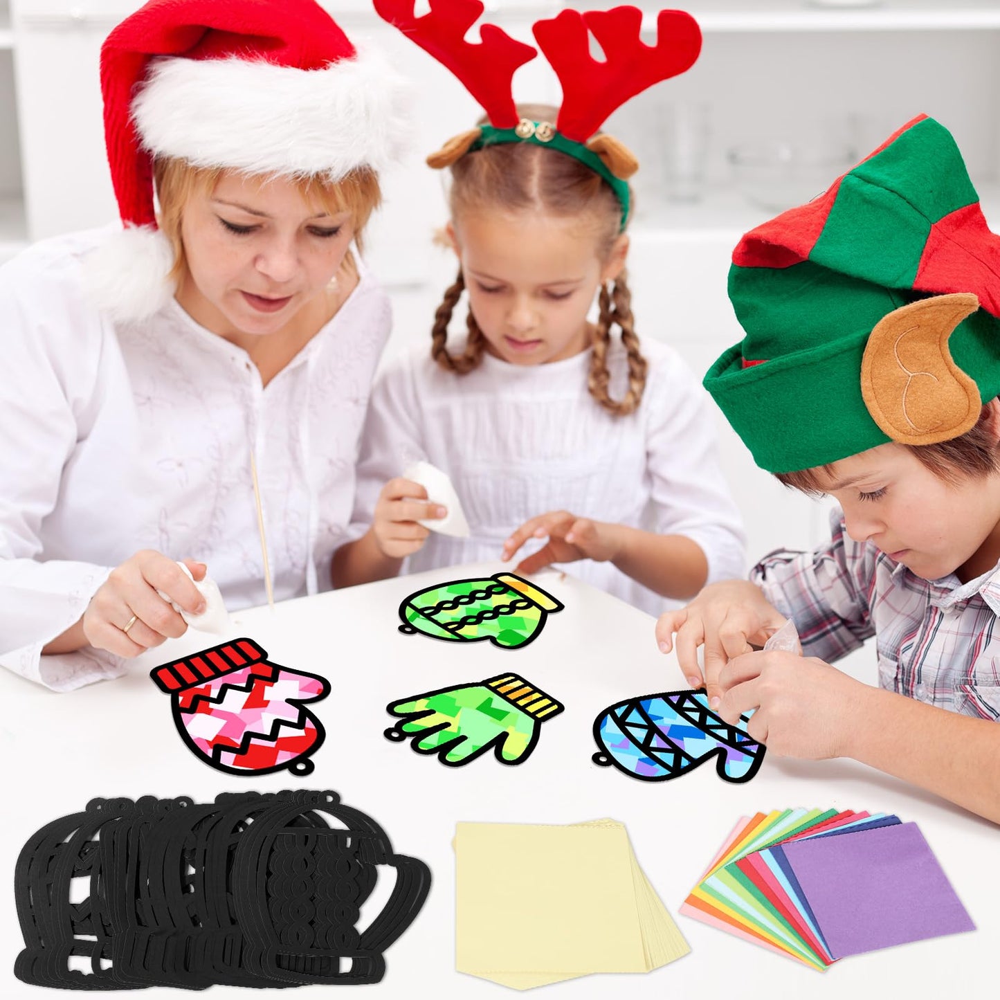 Qyeahkj 36-set Winter Glove Suncatchers Crafts Kit | DIY Window Tissue Paper Ornaments for Kids