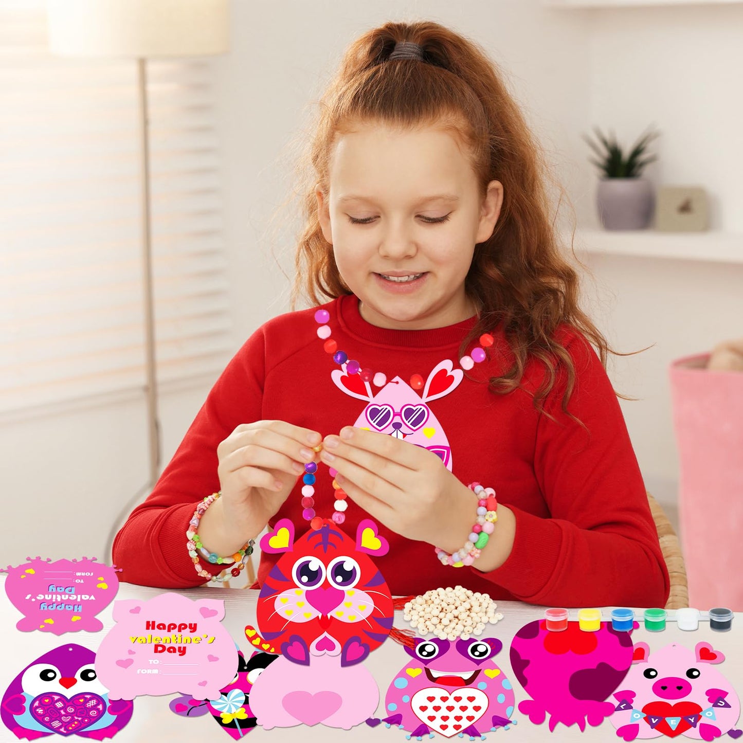 Qyeahkj 36 Sets Valentines Heart Crafts Kit for Kids — DIY Necklaces, Ornaments & Classroom Activities