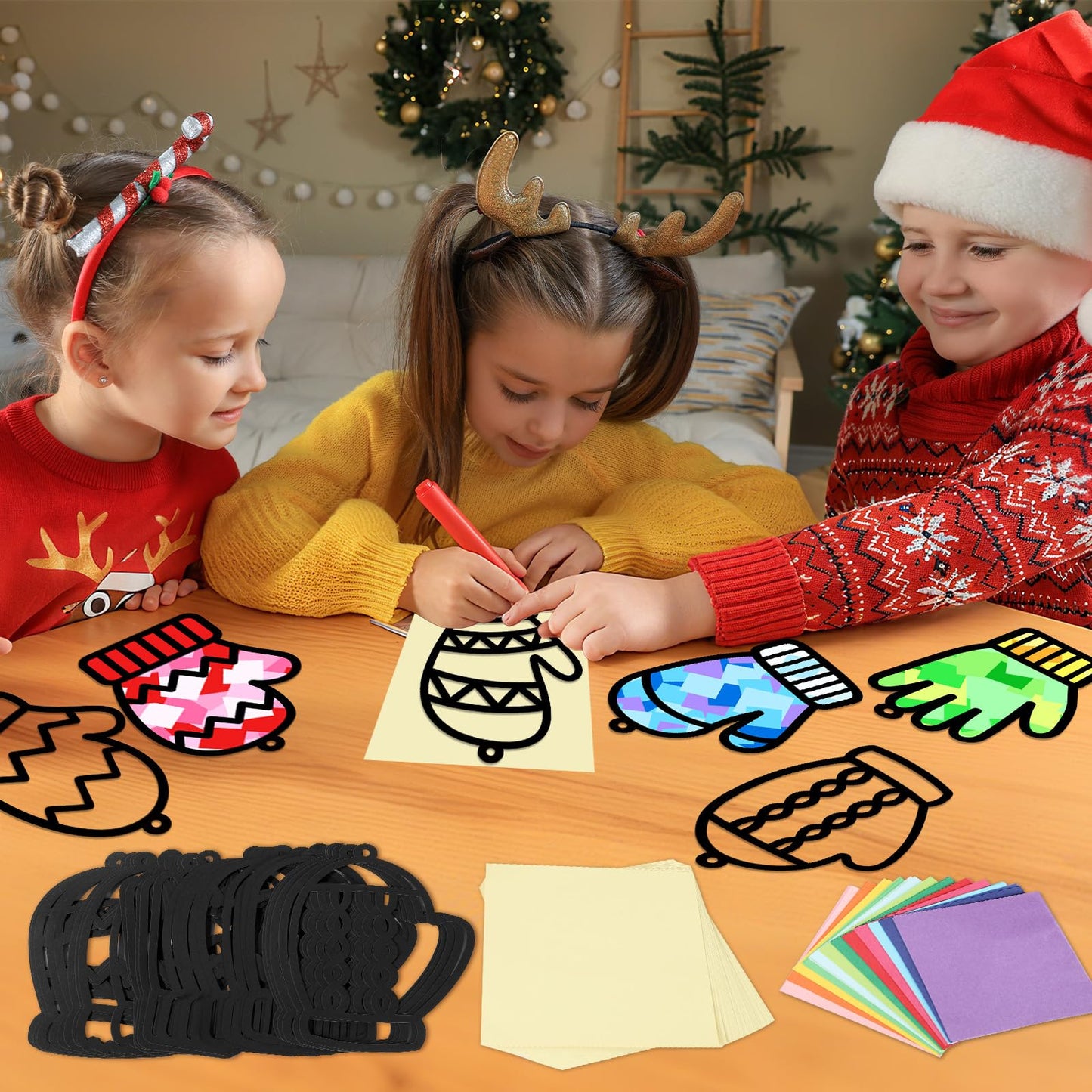 Qyeahkj 36-set Winter Glove Suncatchers Crafts Kit | DIY Window Tissue Paper Ornaments for Kids