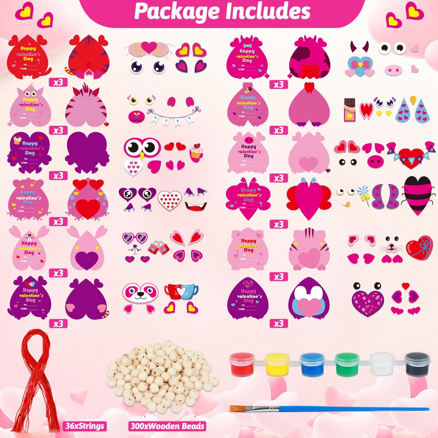 Qyeahkj 36 Sets Valentines Heart Crafts Kit for Kids — DIY Necklaces, Ornaments & Classroom Activities
