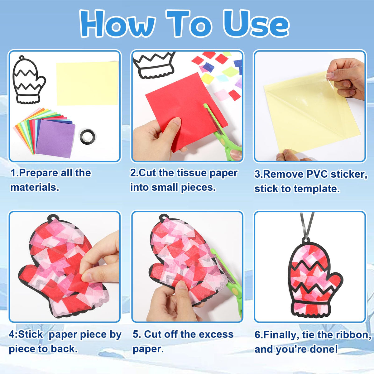 Qyeahkj 36-set Winter Glove Suncatchers Crafts Kit | DIY Window Tissue Paper Ornaments for Kids