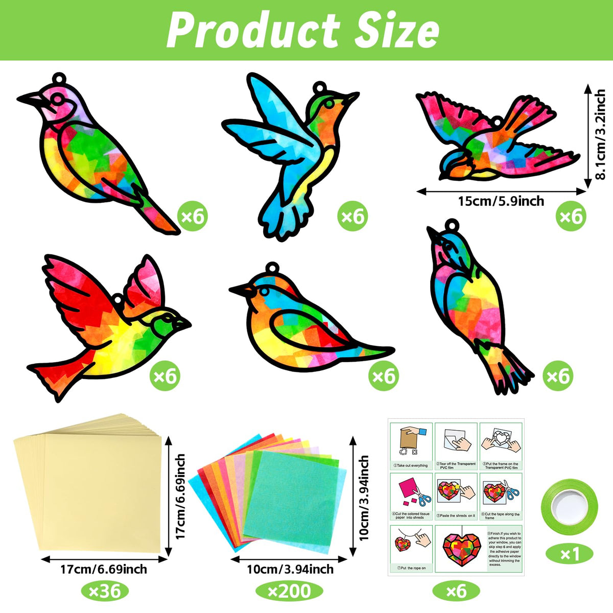Qyeahkj 36-Set Bird Suncatchers Craft Kit for Kids - DIY Window Decor & Party Activities