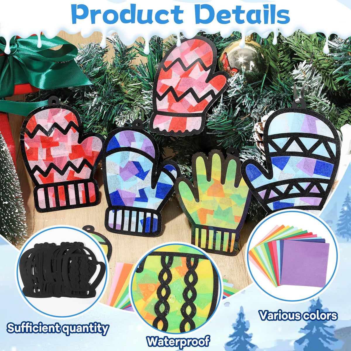 Qyeahkj 36-set Winter Glove Suncatchers Crafts Kit | DIY Window Tissue Paper Ornaments for Kids